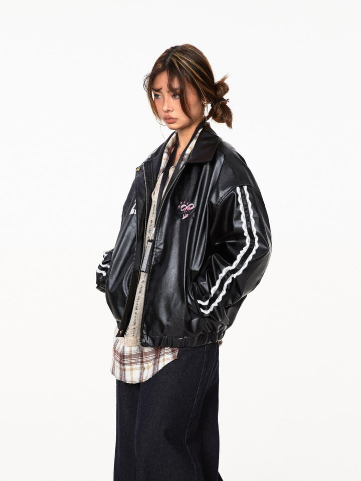 Retro Leather Embroidered Motorcycle Jacket
