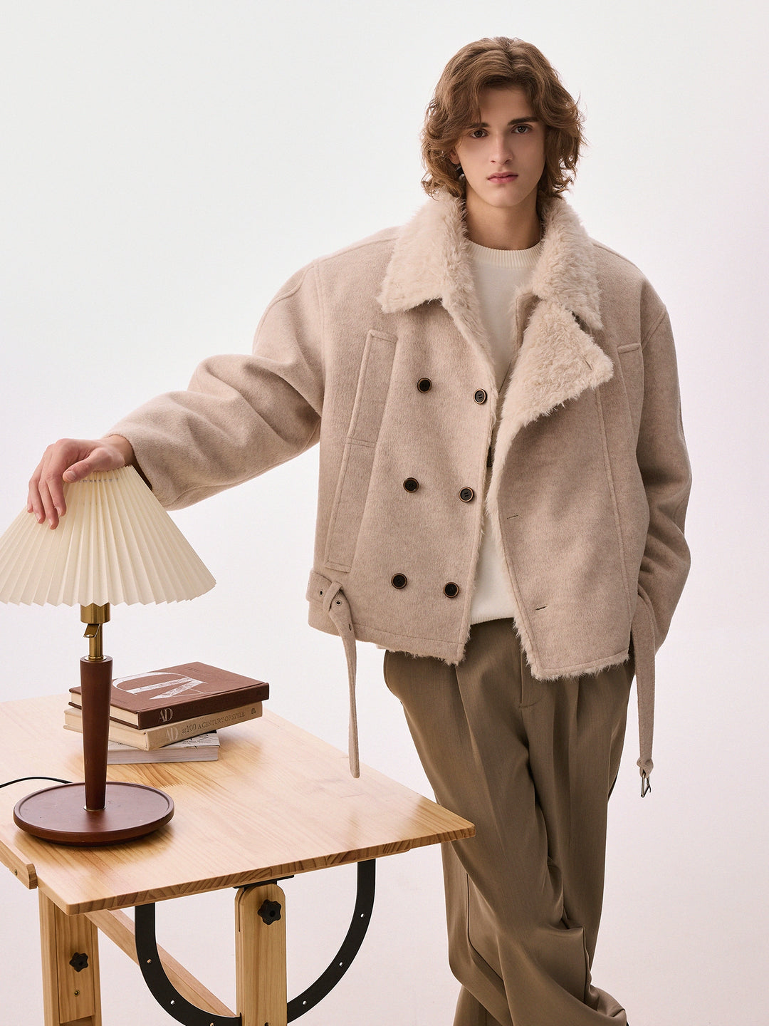 Wool Blend Double-Breasted Shearling Coat