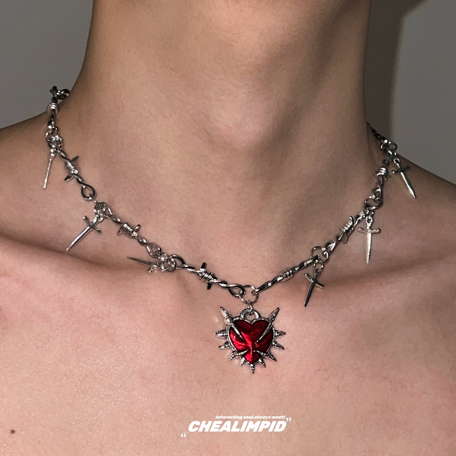 Heart Pendant Punk Cross Clavicle Necklace