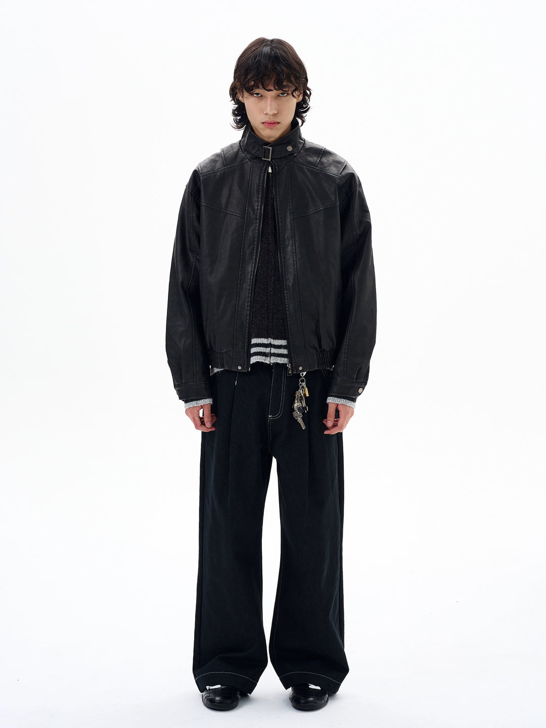 Washed Stand Collar Leather Jacket