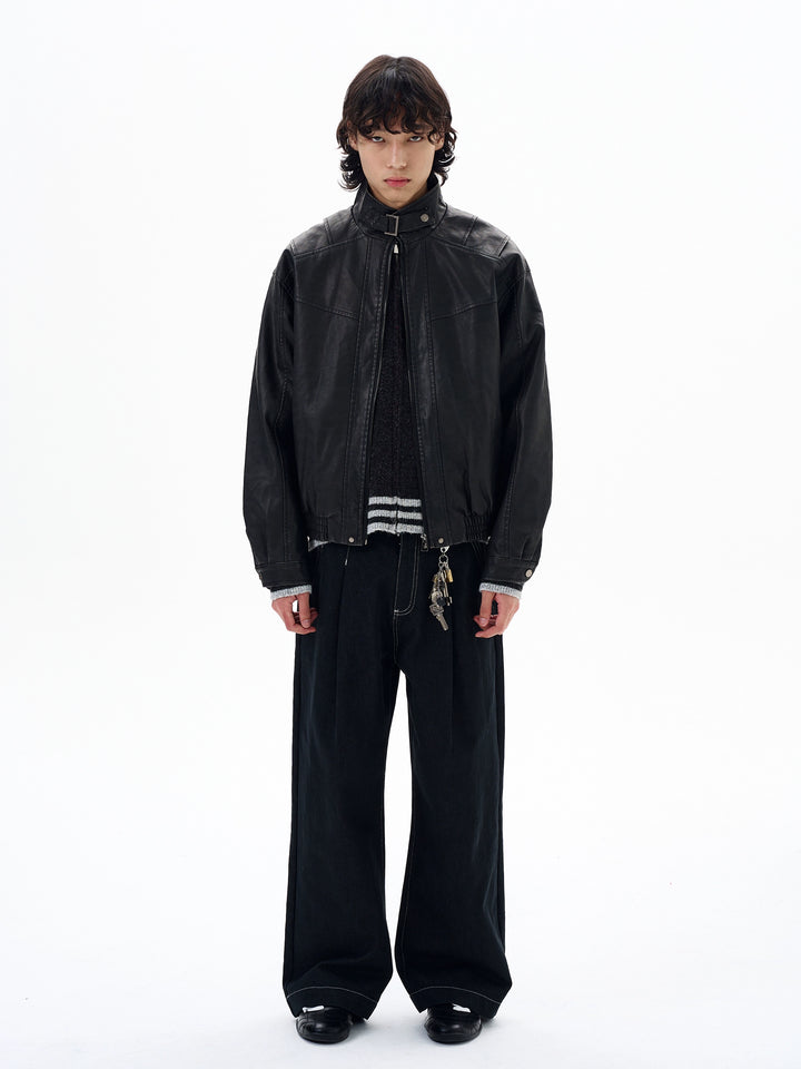 Washed Stand Collar Leather Jacket