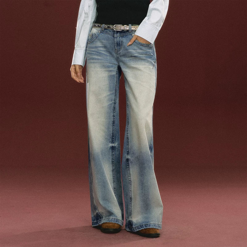 Retro Wide Leg Denim Pants (No Belt Included）