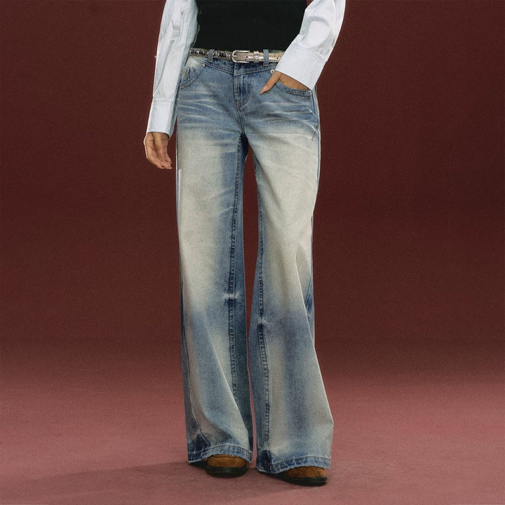 Retro Wide Leg Denim Pants (No Belt Included）