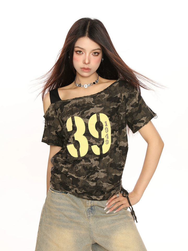 Oblique Shoulder Camouflage Top