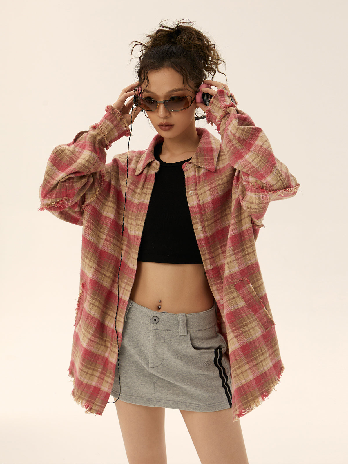 سترة قميص طويلة الأكمام بتصميم مربعات عتيق 