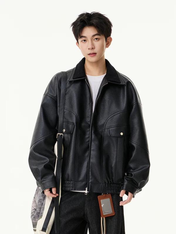 سترة دراجة نارية مصنوعة من الجلد الصناعي بحجم كبير 