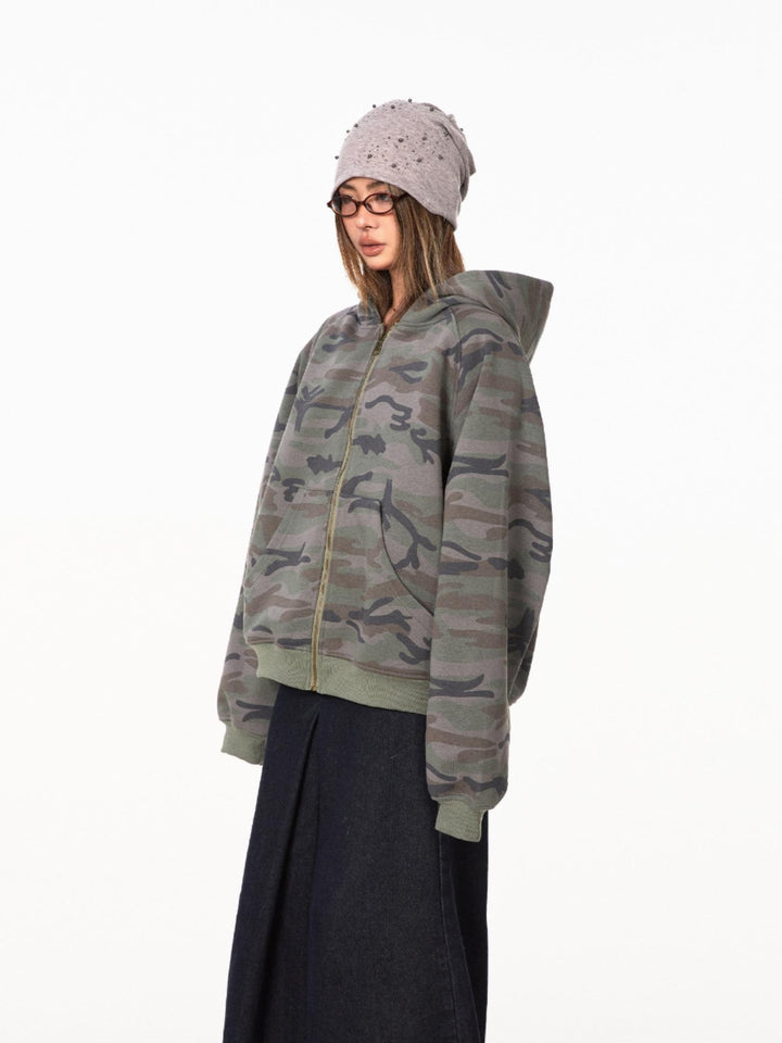 Camo Hooded Zipper Cardigan Jacket