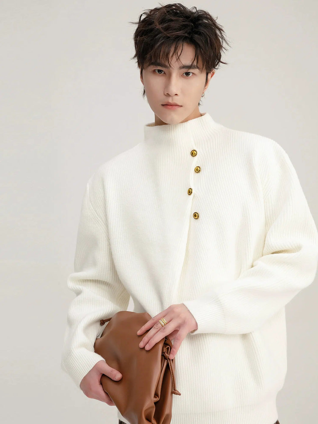 Metal Button-Up Mock Neck Knit Sweater