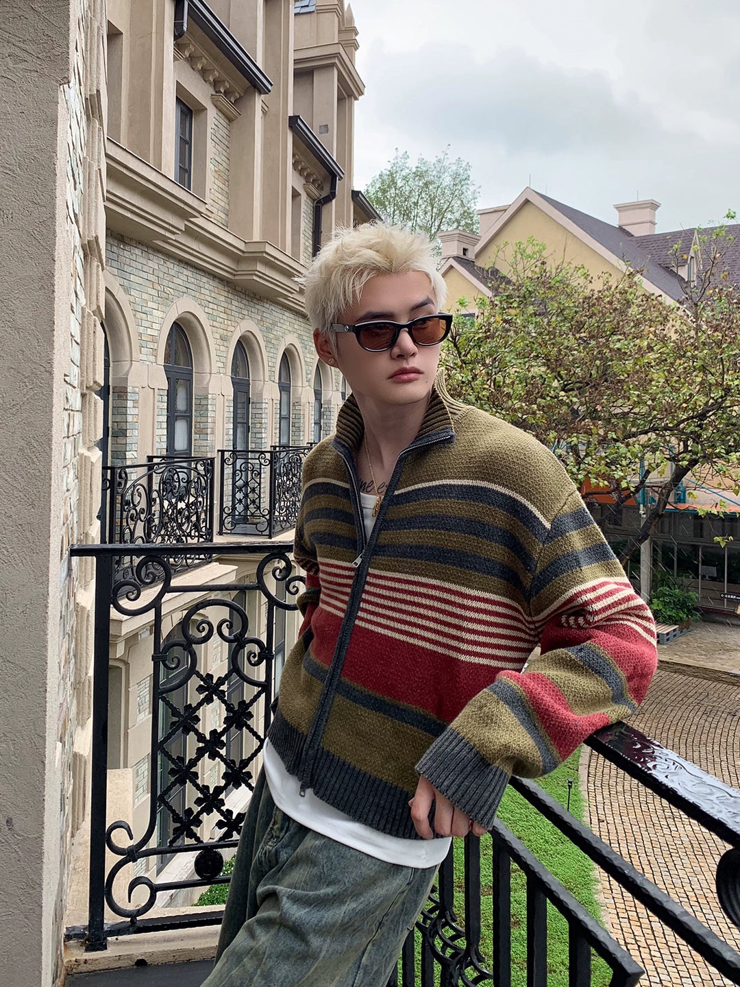 Stand Collar Striped Knitted Cardigan