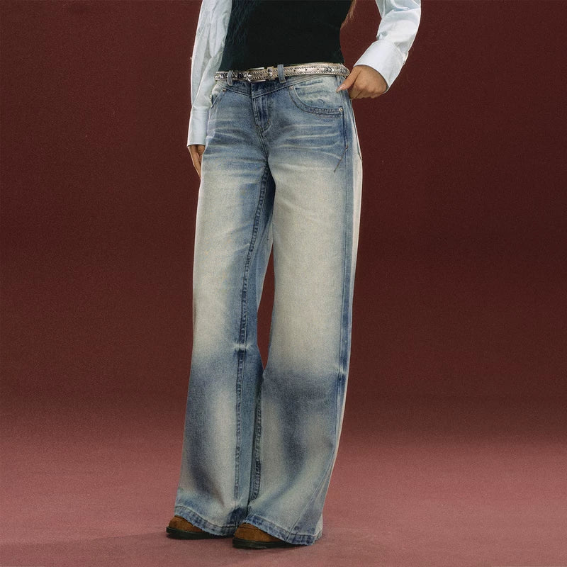Retro Wide Leg Denim Pants (No Belt Included）