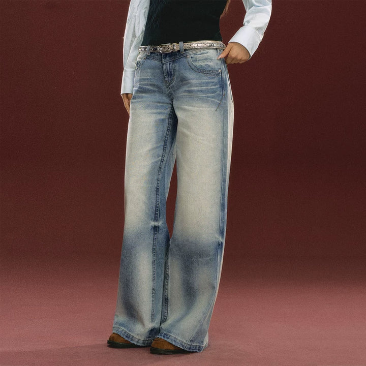 Retro Wide Leg Denim Pants (No Belt Included）
