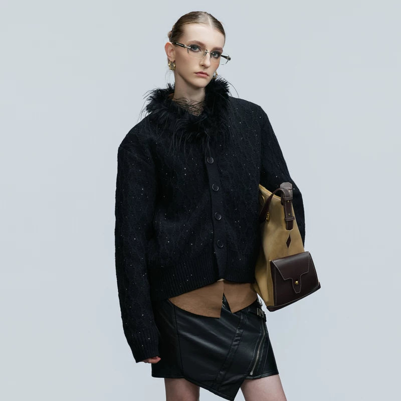 Fur Collar Cable Knit Cardigan