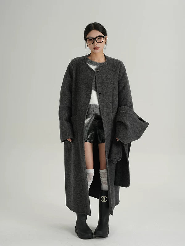Long Wool Cape-Style Overcoat with scarf