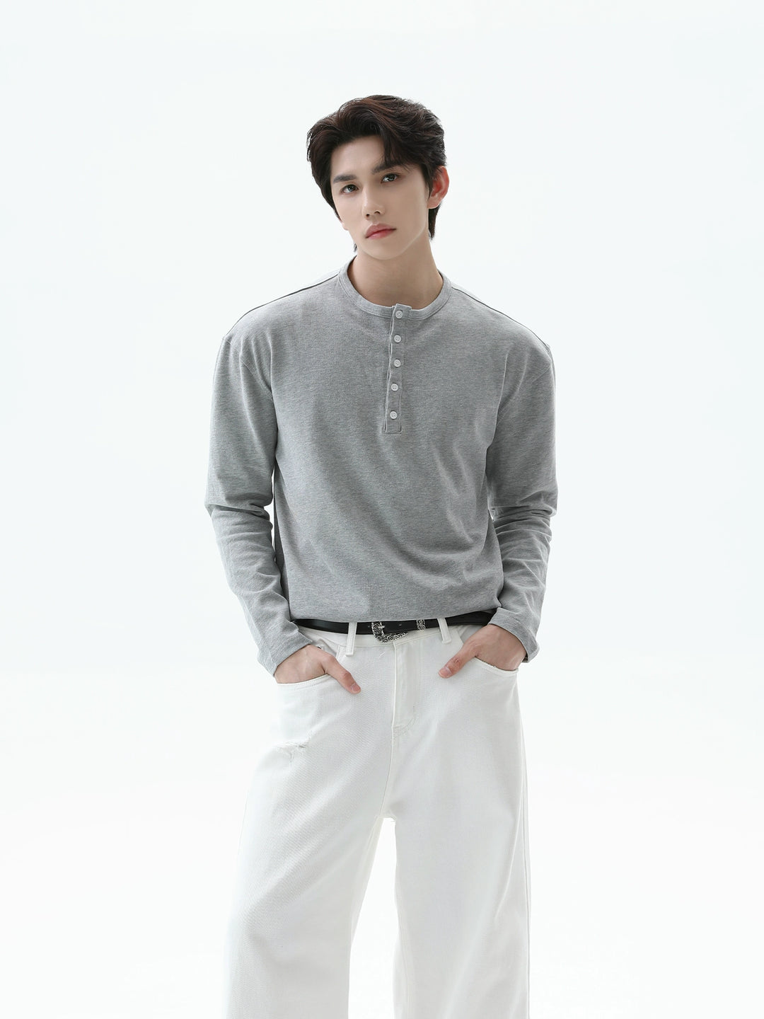 Henley-Kragen Langarm Slim Pullover 