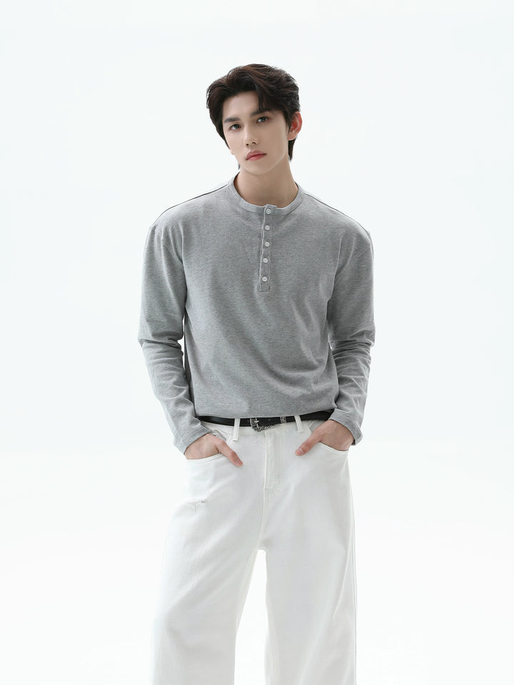 Henley-Kragen Langarm Slim Pullover 