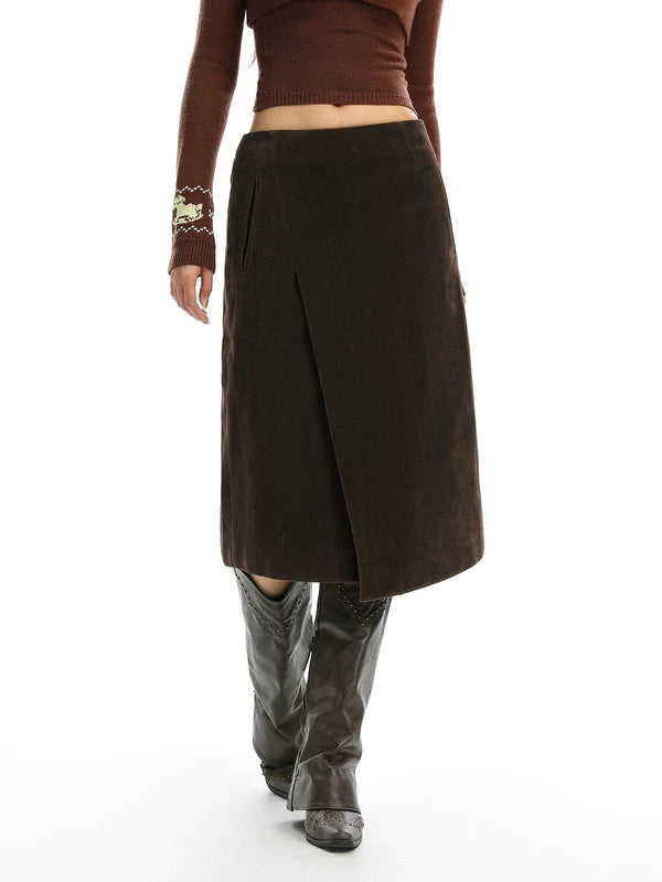 Suede High-Waisted Asymmetrical Midi Skirt