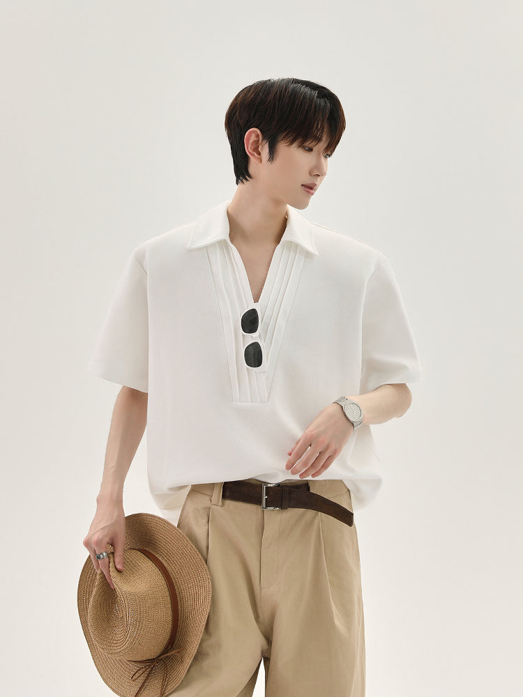 V-Neck Pleated Short-Sleeve Pullover