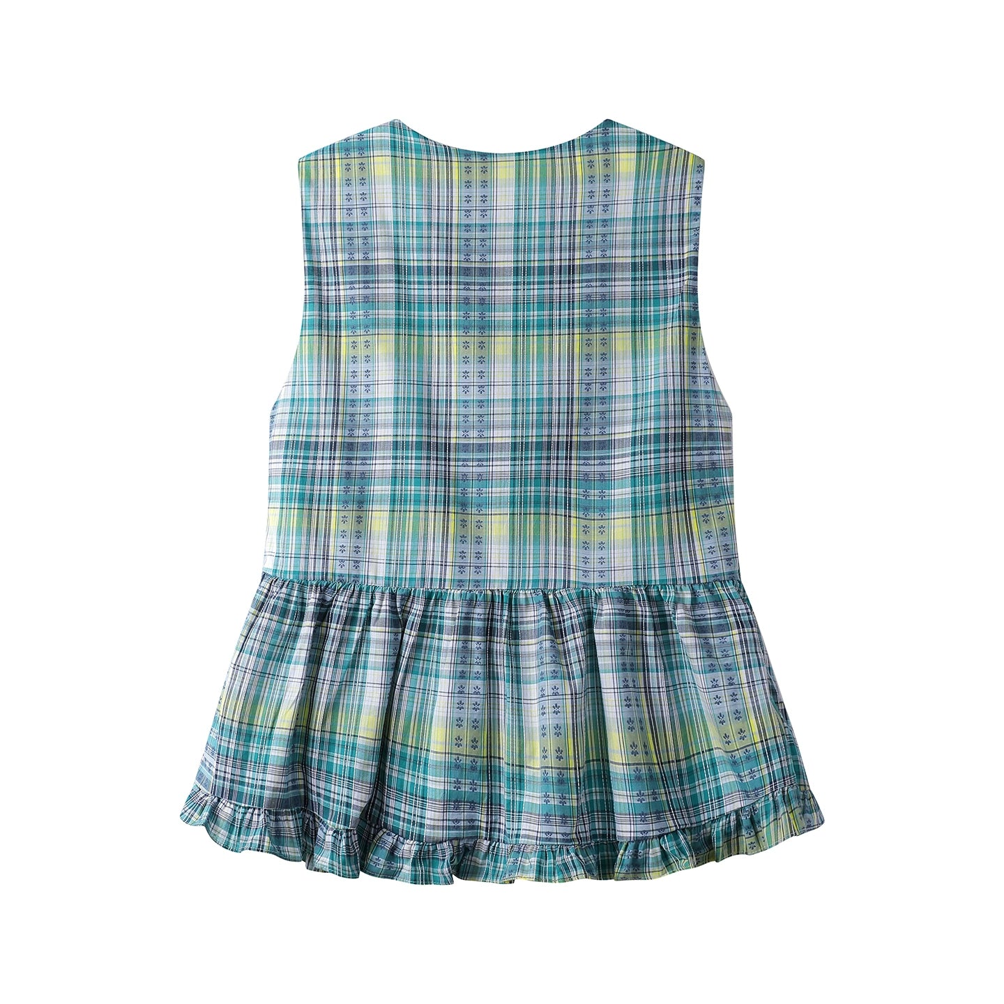 Camisa sem mangas peplum com babados xadrez 