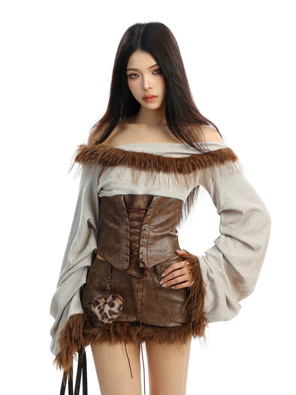 Off-Shoulder Fur Trim Leather Shorts