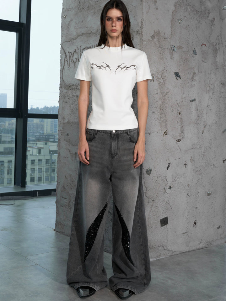 Brede Leggen Gewassen Jeans Streamer Broek 