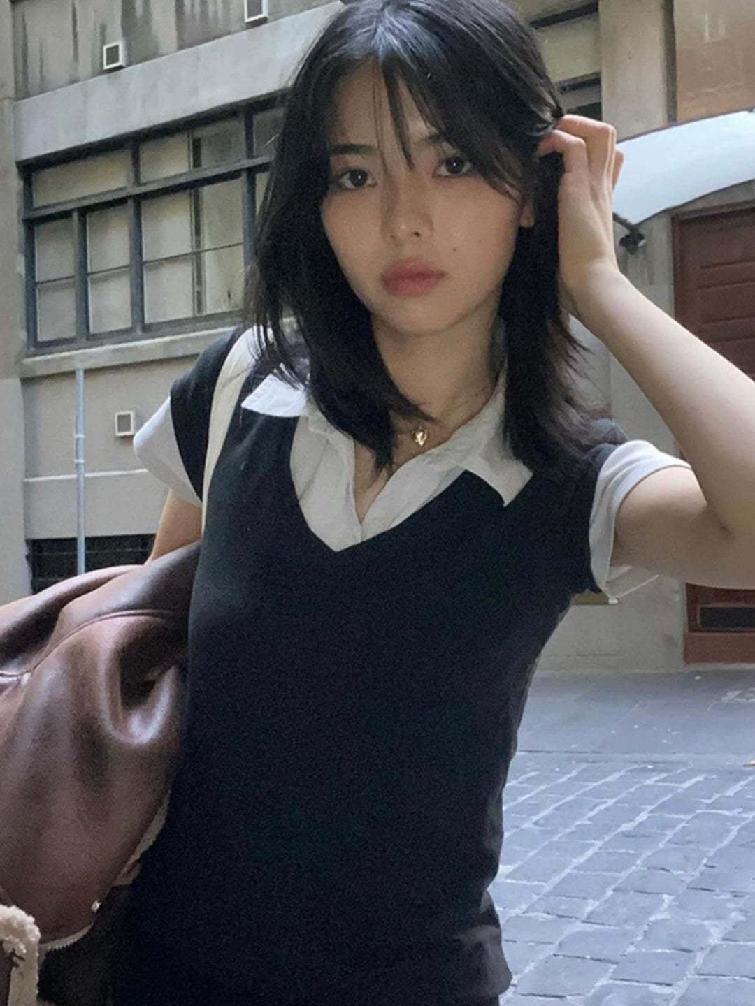 Polo Collar Spliced Short Sleeve Top