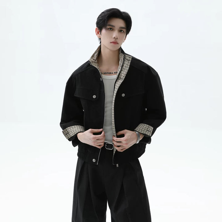 Linen Plaid Patchwork Short Collar Jacket