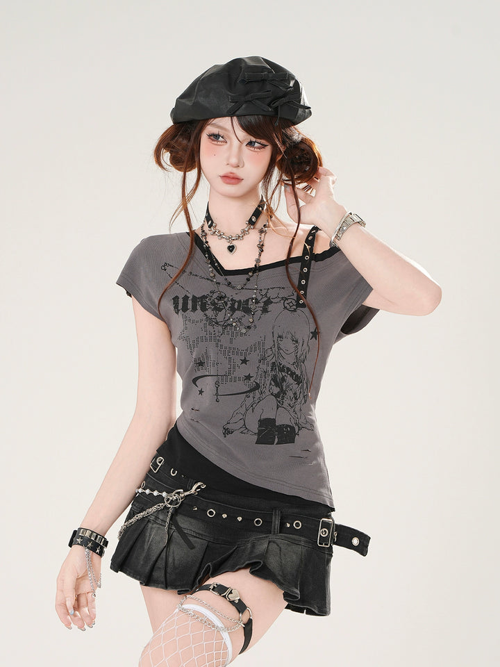 Off Shoulder Graphic Slim Fit T-Shirt