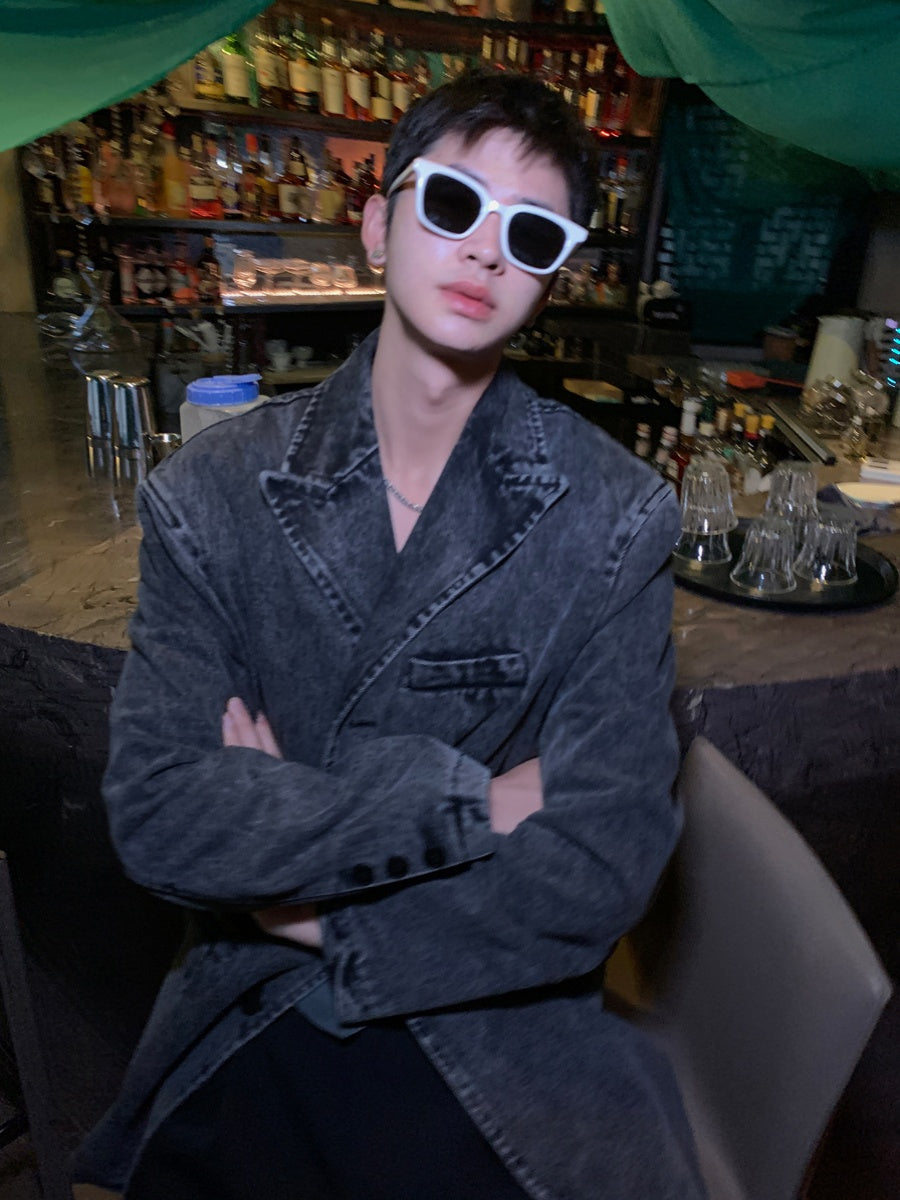 Washed Distressed Denim Suit Jacket