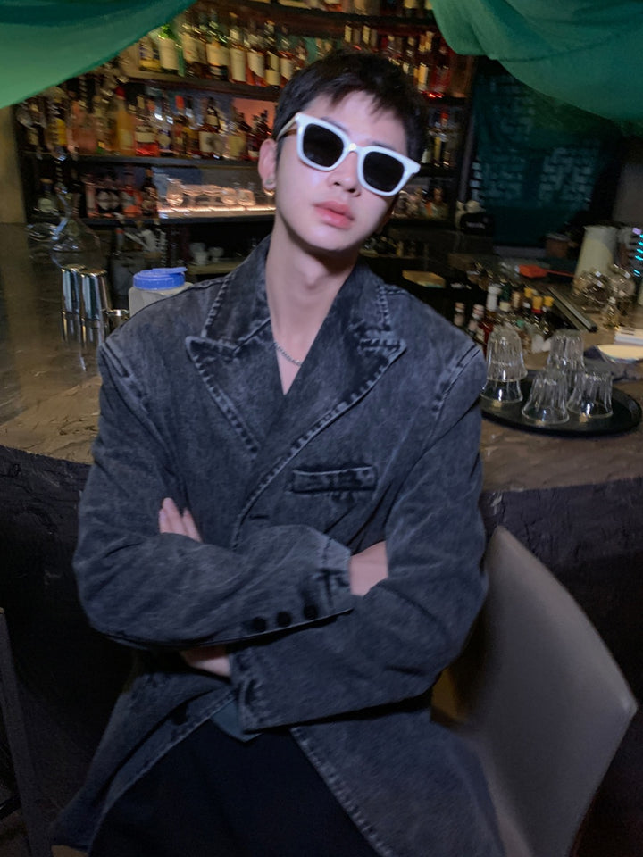 Washed Distressed Denim Suit Jacket