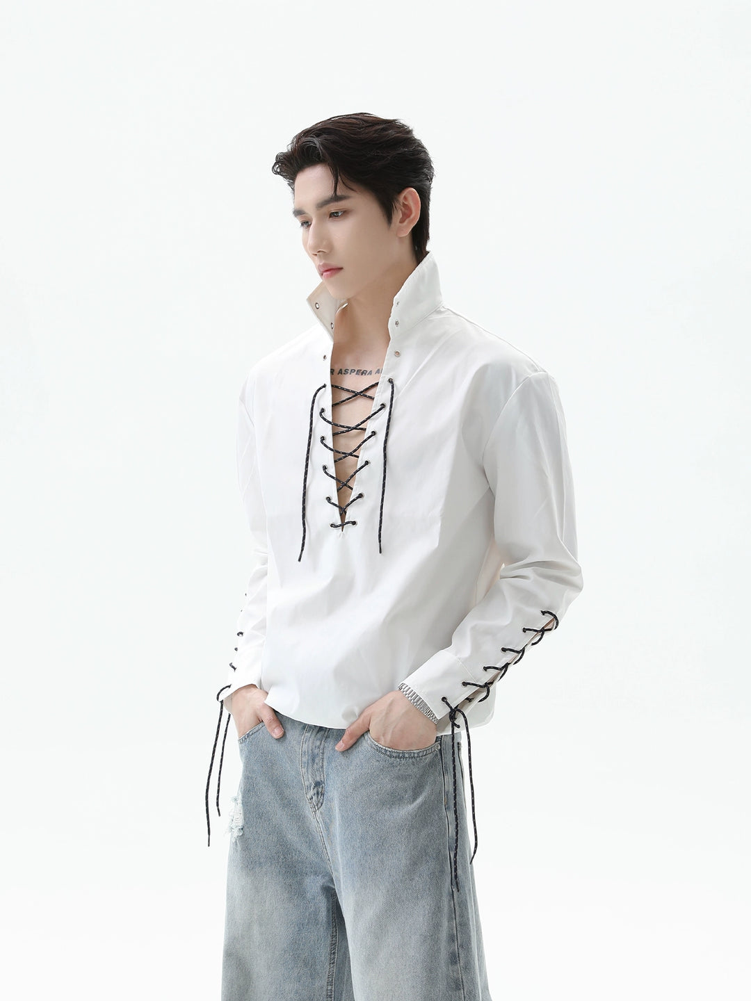V-Neck Lace-Up Long Sleeve Pullover