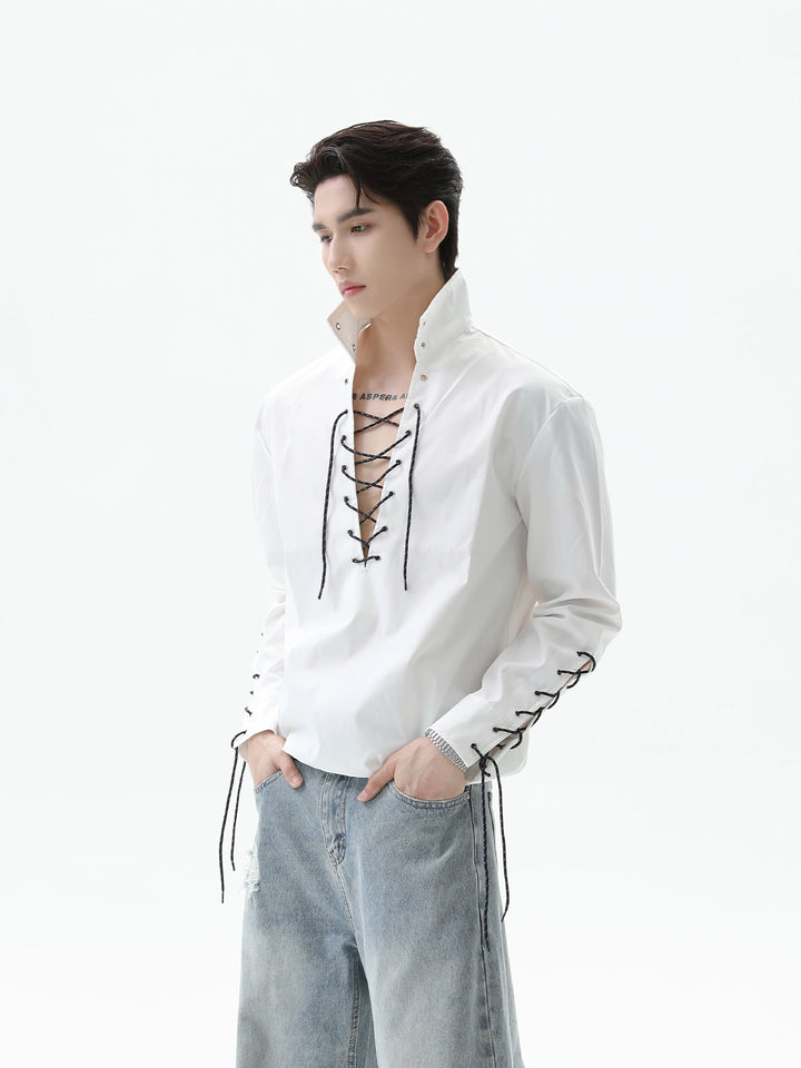 V-Neck Lace-Up Long Sleeve Pullover