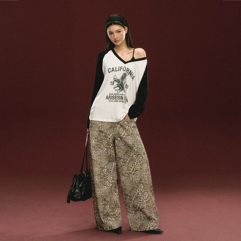 Leopard Wide Leg Casual Pants (No Belt Included）