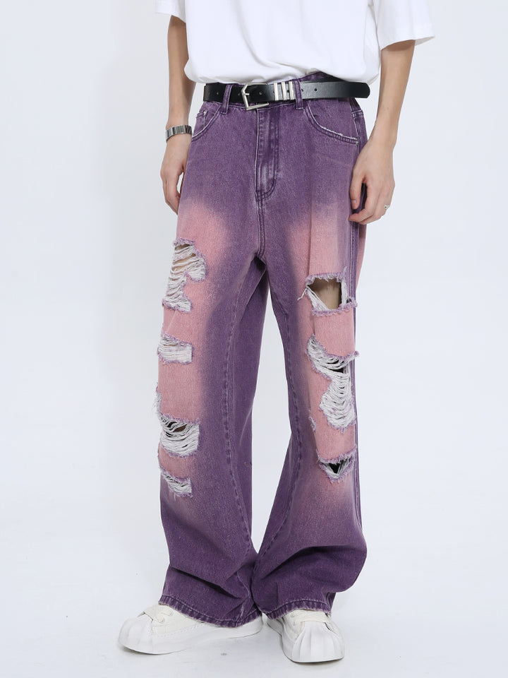 Loose Straight Ripped Mid-Waist Jeans