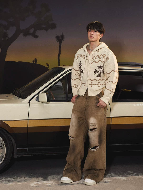 جينز بنطال واسع الساقين بطول الأرض ممزق ومصبوغ 