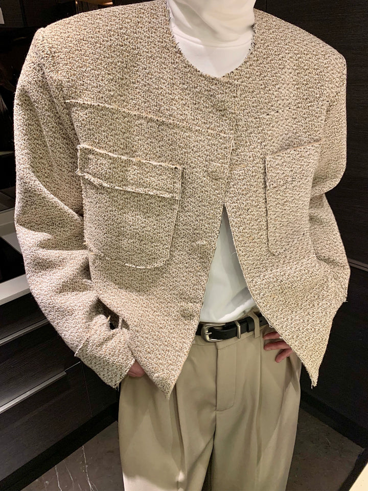 襟なしウール多ポケットパッド入りジャケット 