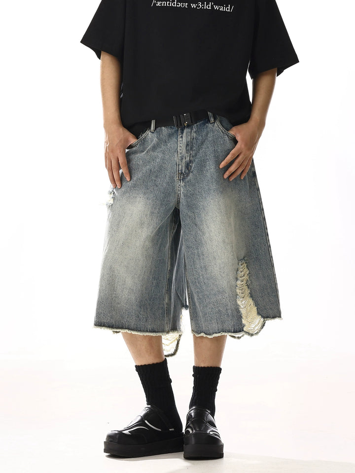 Ripped Denim Wide-Leg Cropped Shorts