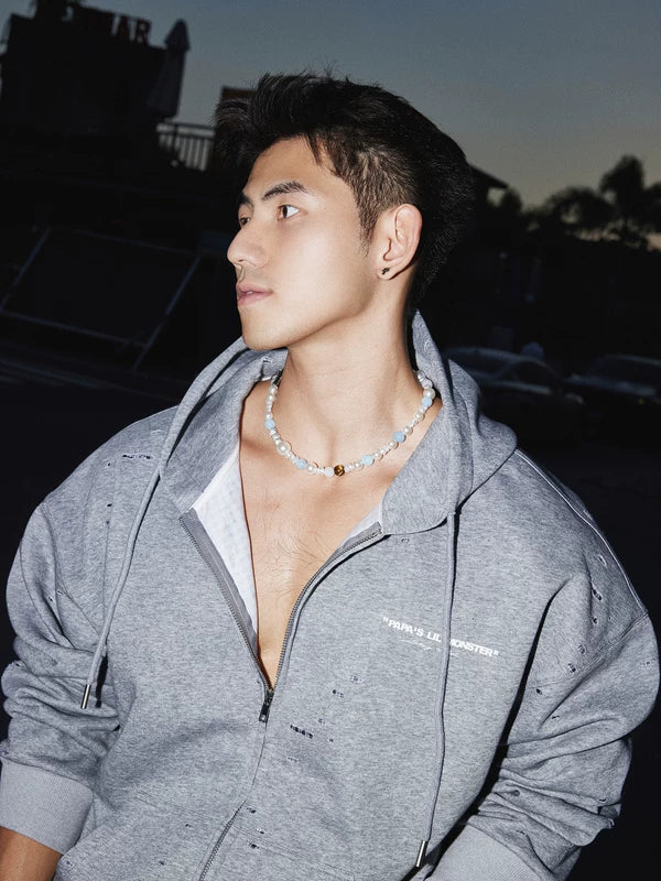 Faux Ripped Casual Zip-Up Hoodie