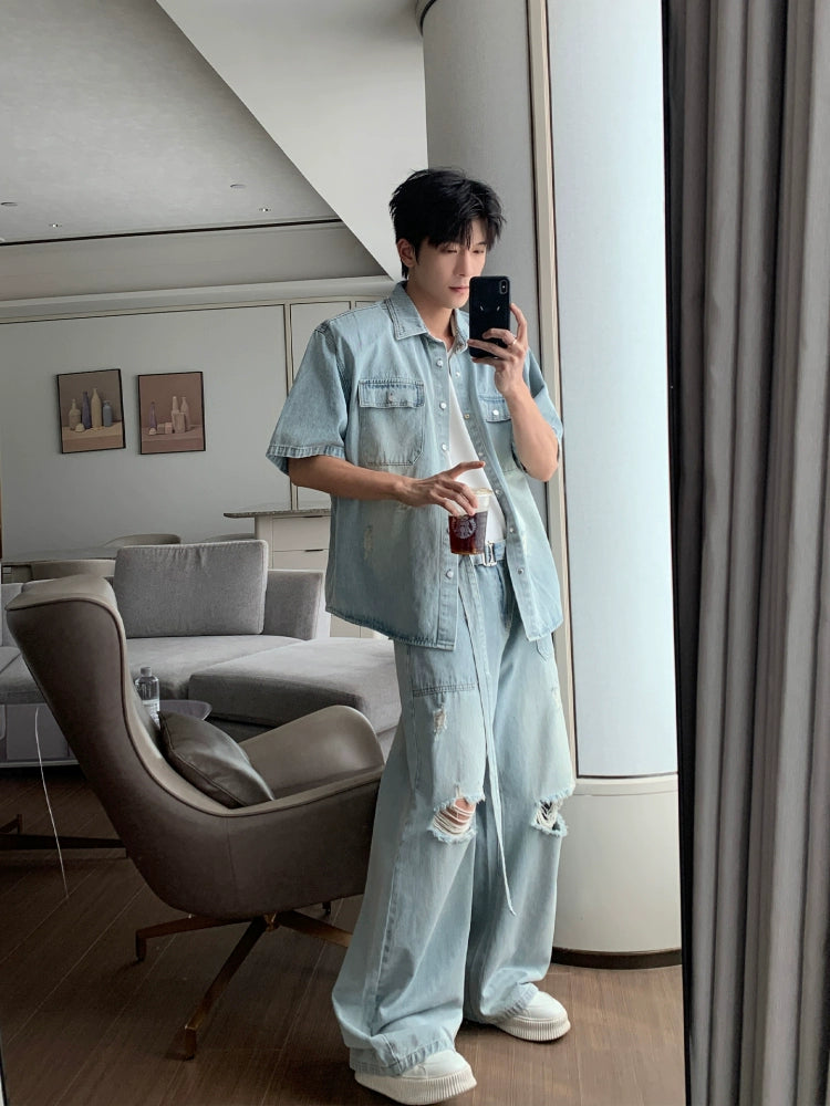 Denim Kurzarmhemd und Hosen Set 