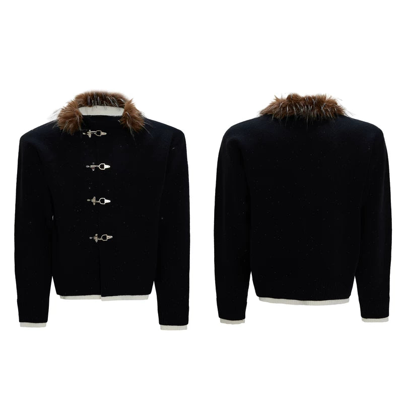 Metal Buttons Fur Collar Knit Sweater