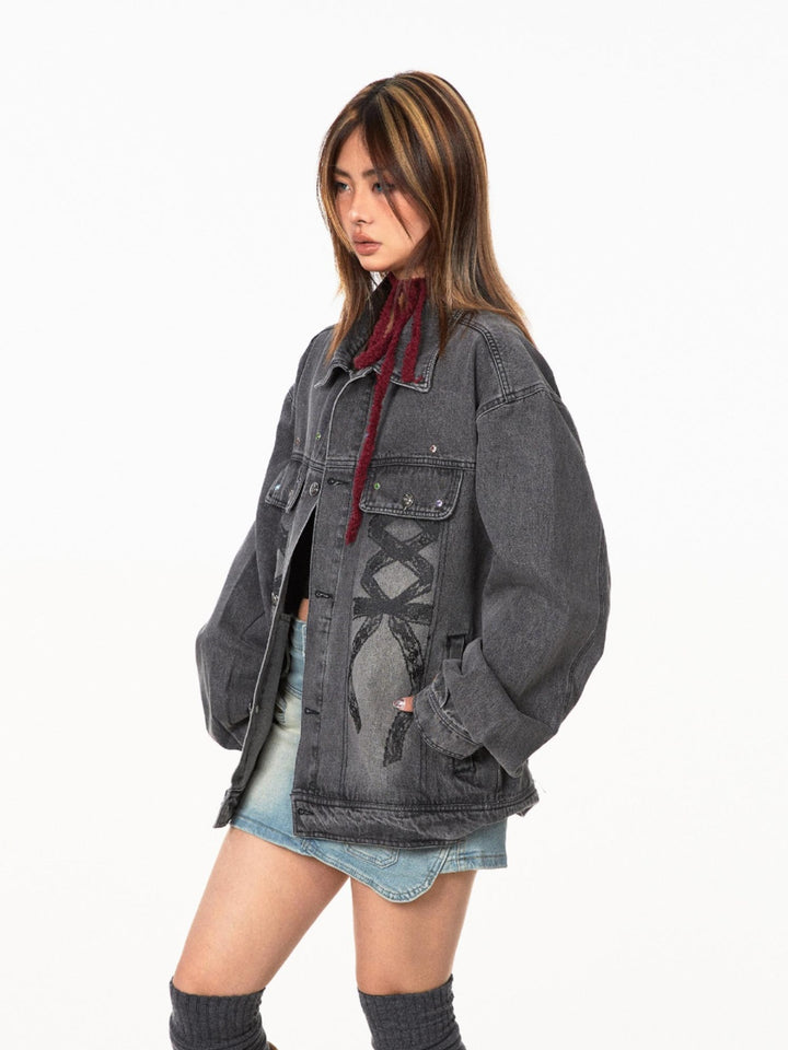 Retro Bow Print Denim Jacket