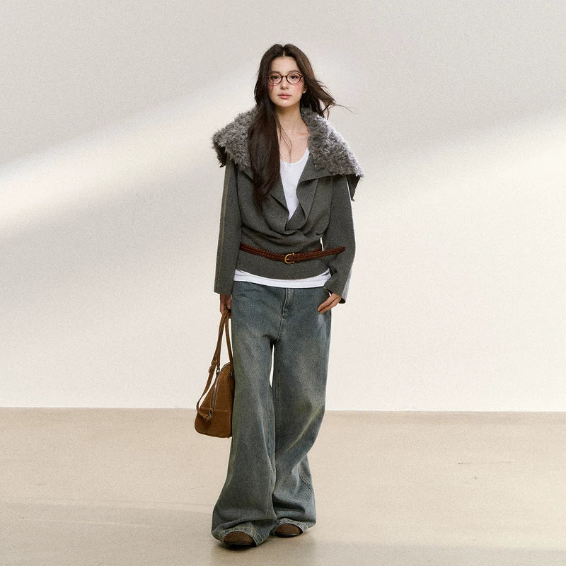 Faux Fur Collar Loose Knit Sweater