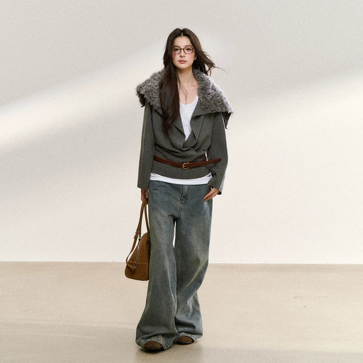 Faux Fur Collar Loose Knit Sweater