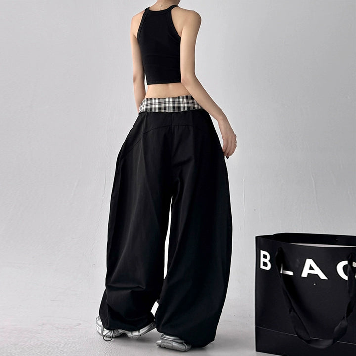 Wide Leg Plaid Belt Casual Pants