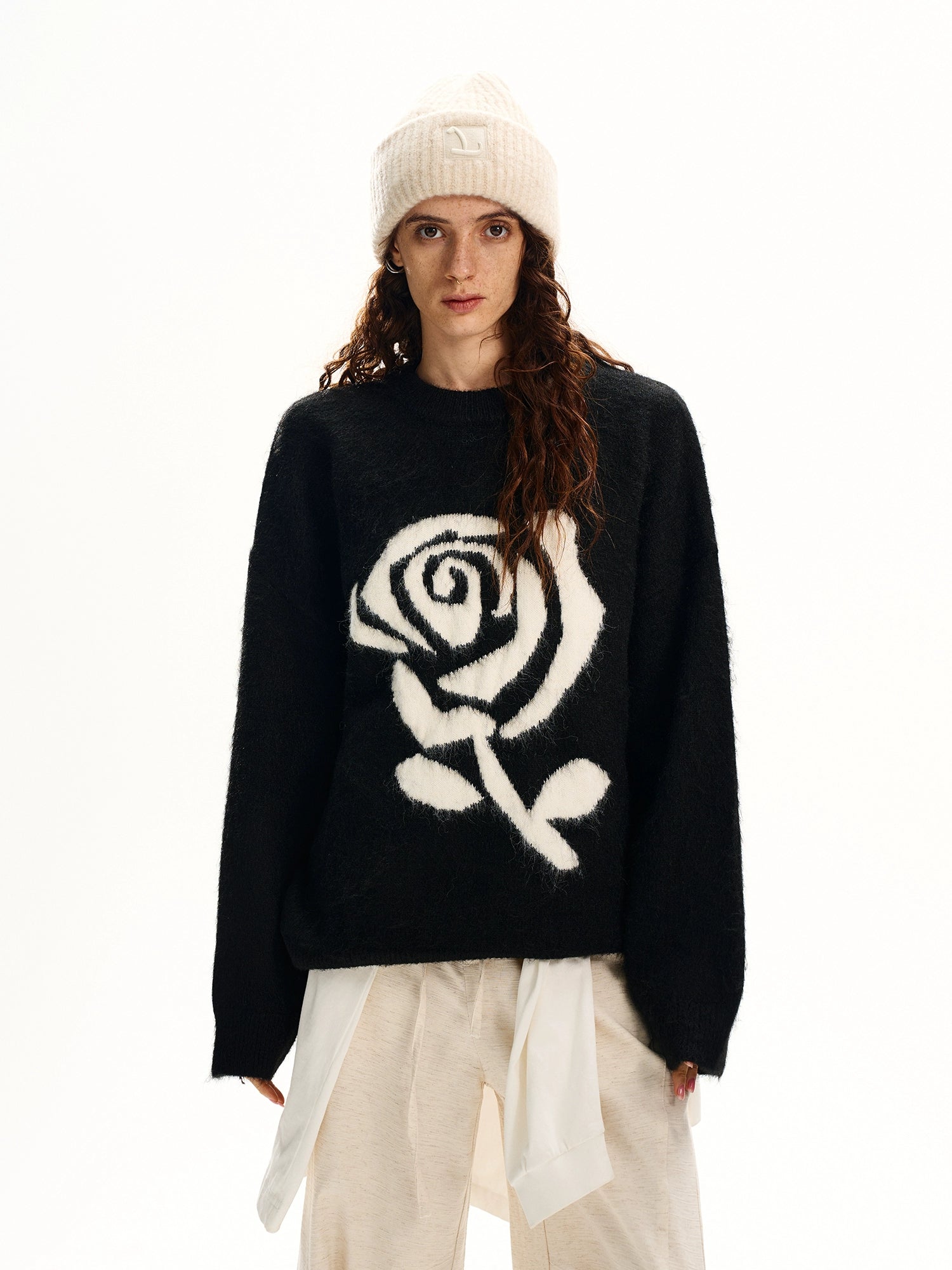 フローラルジャカードニットプルオーバーセーター 