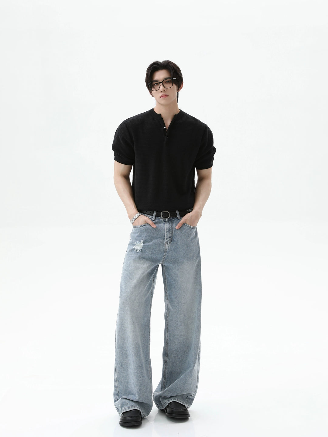 Waffle Knit Henley Korte Mouwen Pullover 