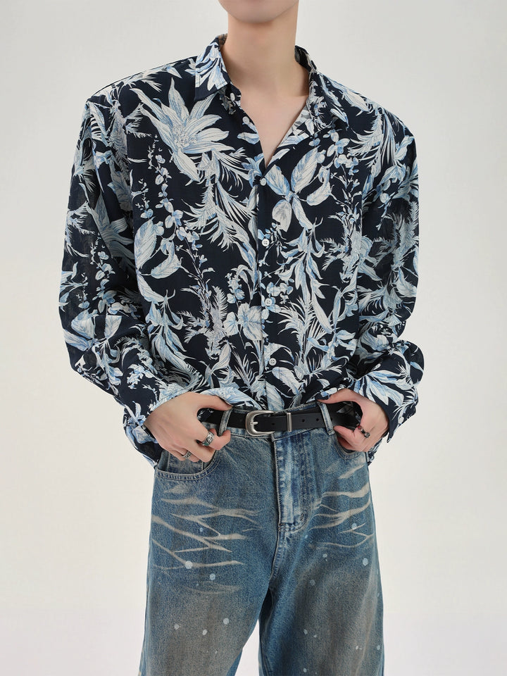 Camicia casual a maniche lunghe con stampa floreale retro 