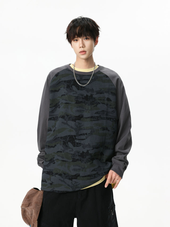 Pullover casual con collo a girocollo in patchwork mimetico 