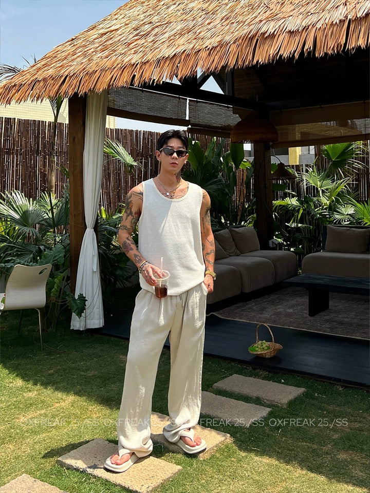 Pantalones rectos sueltos de mezcla de lino y Tencel 