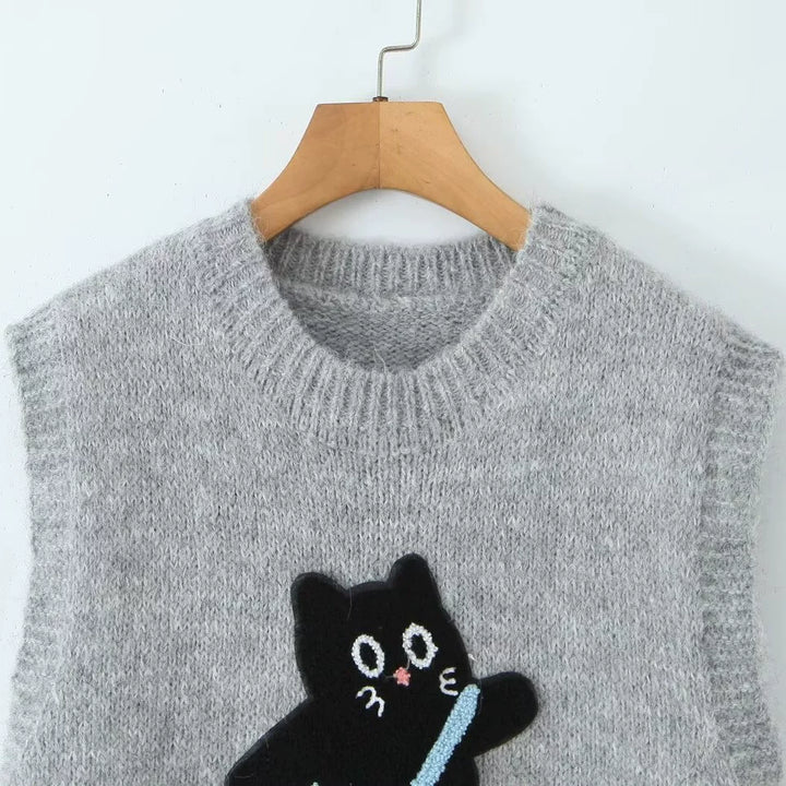 Cartoon Cat Applique Knit Vest