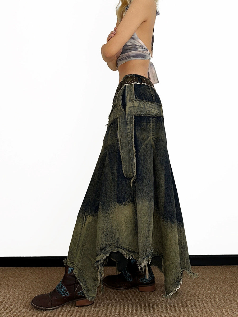 Distressed Raw Edge Denim Maxi Skirt